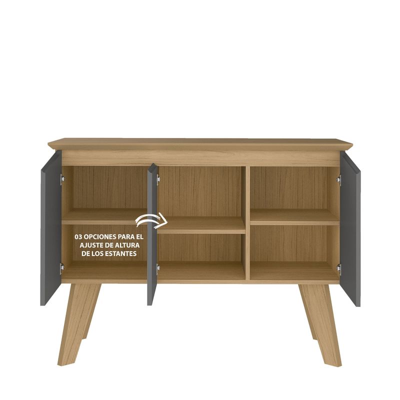 Detalle de una Credenza Bertolini Oasis Bufetera con 3 puertas 6 nichos color Roble Grafito