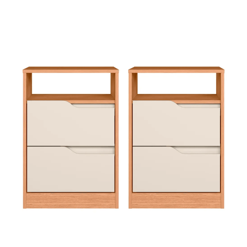 Set de 2 Burós Mesas de Noche de Madera MDP Bertolini Sole 2 Cajones Con Jaladeras de Metal  Freijo Off White