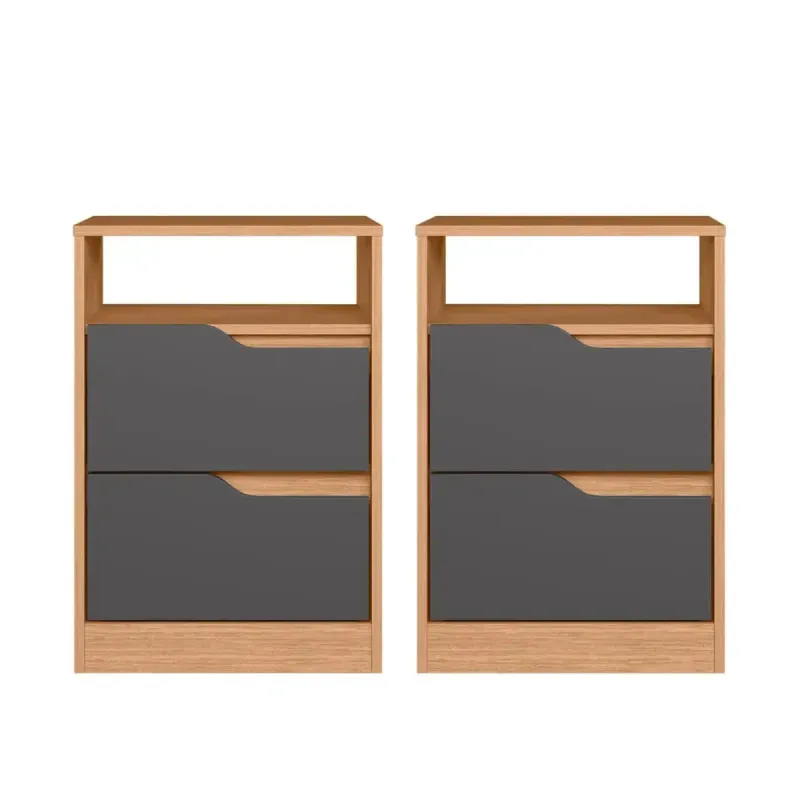 Set de 2 Burós Mesas de Noche de Madera MDP Bertolini Sole Freijo Gris 2 Cajones Con Jaladeras de Metal