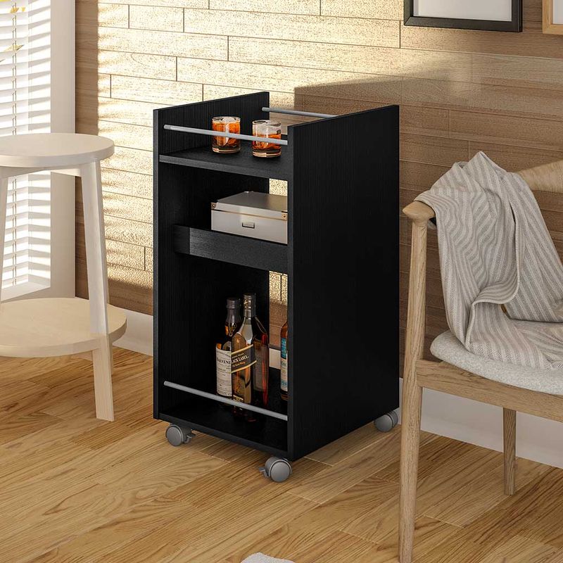 Carrito Auxiliar de Cocina y Comedor Bertolini Brito Mini bar Botellero con Ruedas color Negro