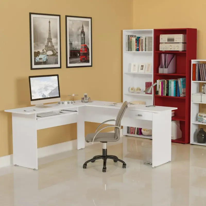 Escritorio en L Moderno para Oficina Bertolini Cannes Escritorio de Madera MDP con 1 cajón color Blanco