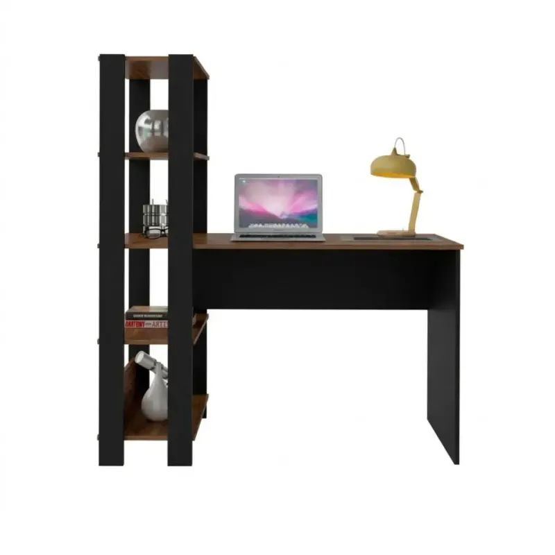 Escritorio para Computadora Moderno Bertolini Match Escritorio con Librero Estilo Industrial con 4 Estantes color Pino Negro