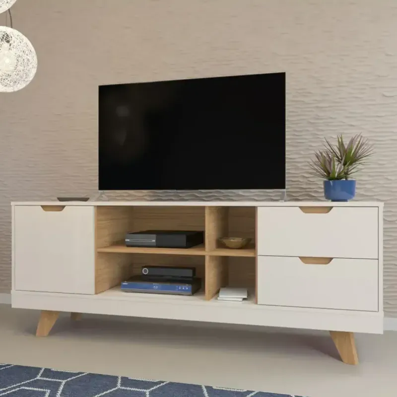 Mueble para TV Hasta 60 Pulgadas Bertolini Michigan 2 cajones 1 Puerta color Off White Roble