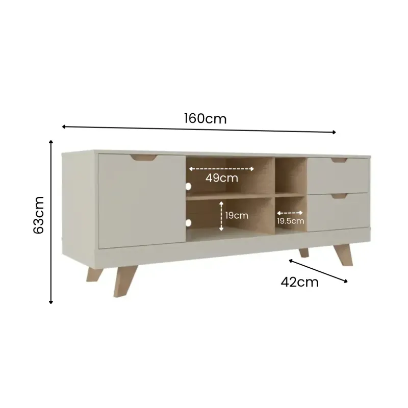 Medidas de un Mueble Mesa para TV Hasta 60 Pulgadas Bertolini Michigan 2 cajones 1 Puerta color Off White Roble