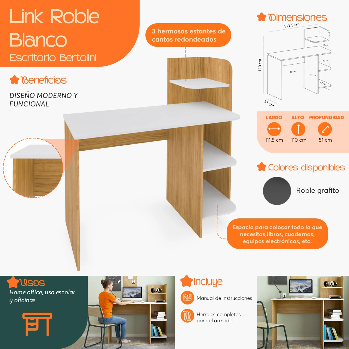 Infografía  de beneficios y características del Escritorio para Computadora Link Roble Blanco