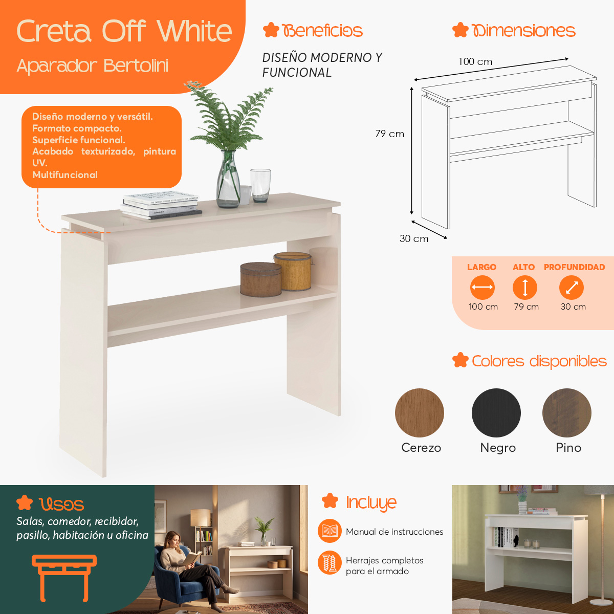 Infografía  de beneficios y características del Aparador Creta Off White
