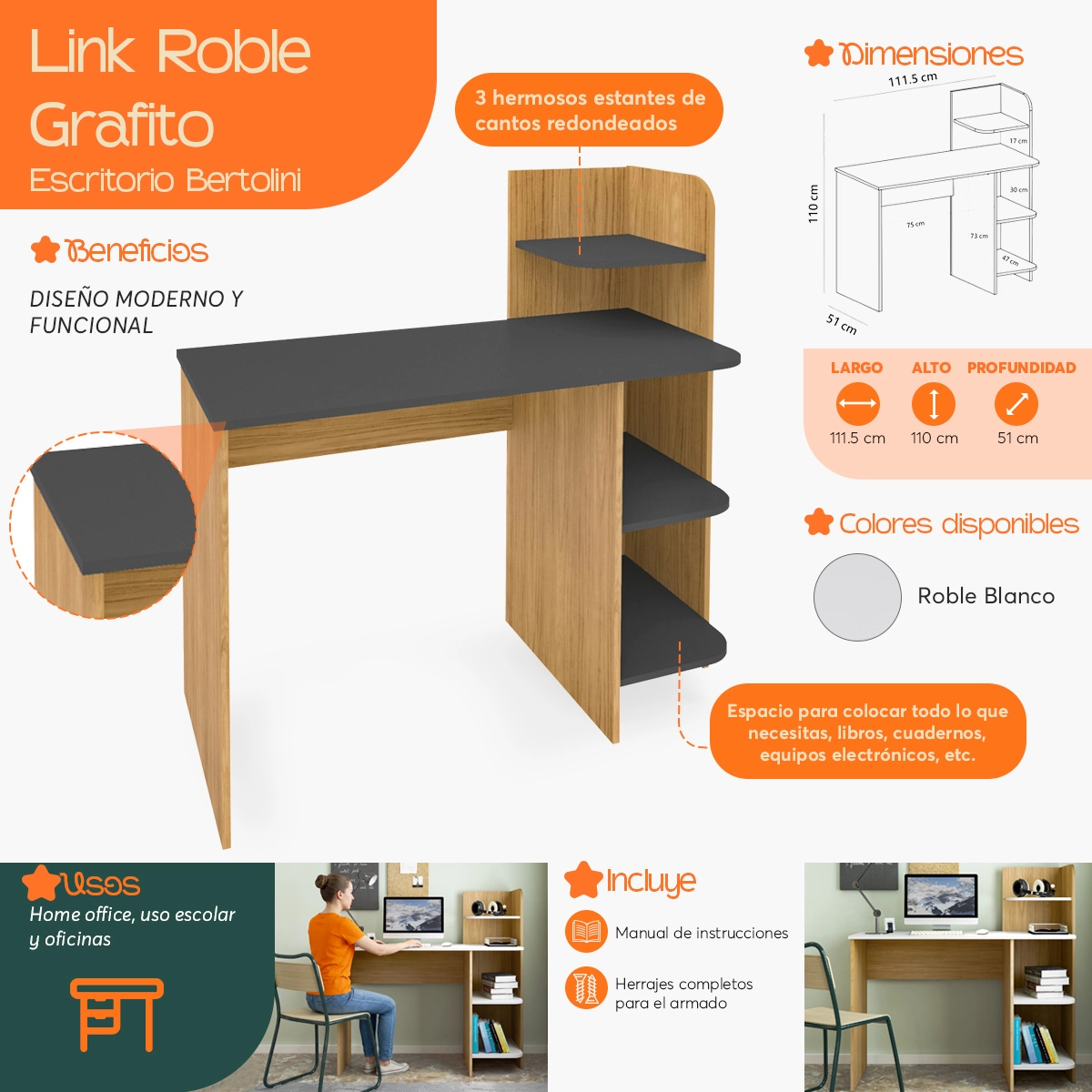 Infografía  de beneficios y características del Escritorio para Computadora Link Roble Grafito