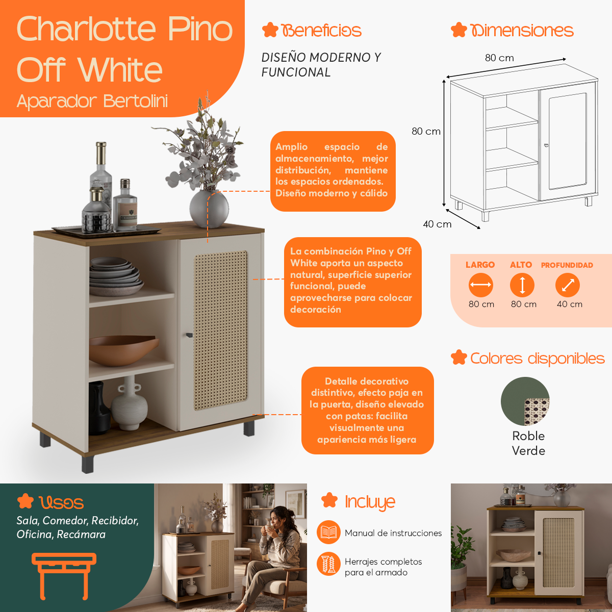 Infografía  de beneficios y características del Aparador Charlotte Pino Off White