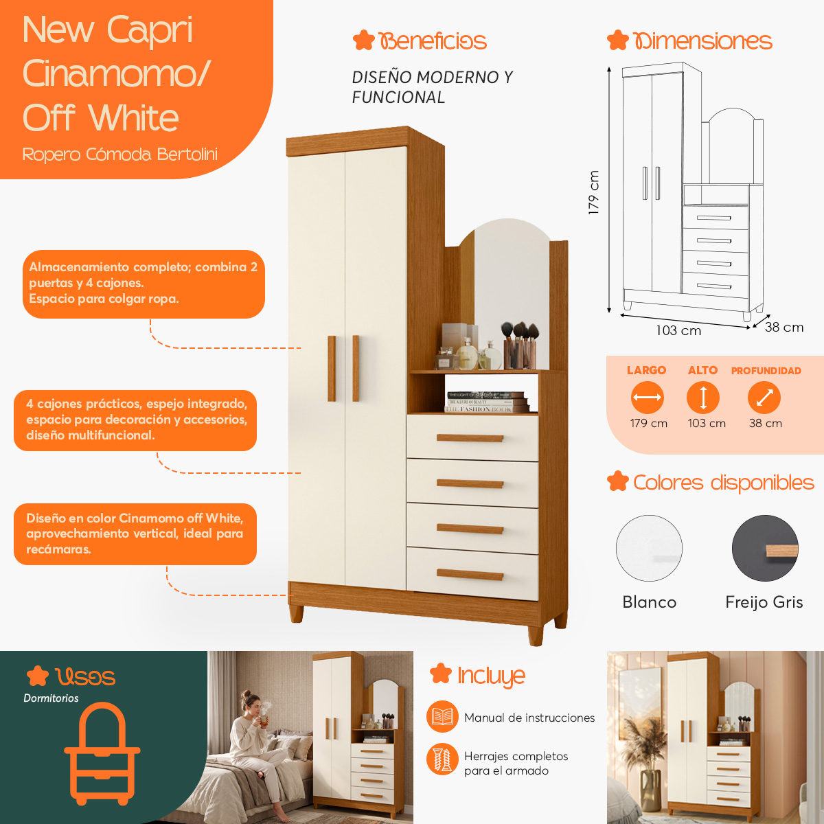Infografía de beneficios, dimensiones y colores de la Cómoda New Capri Cinamomo Off White