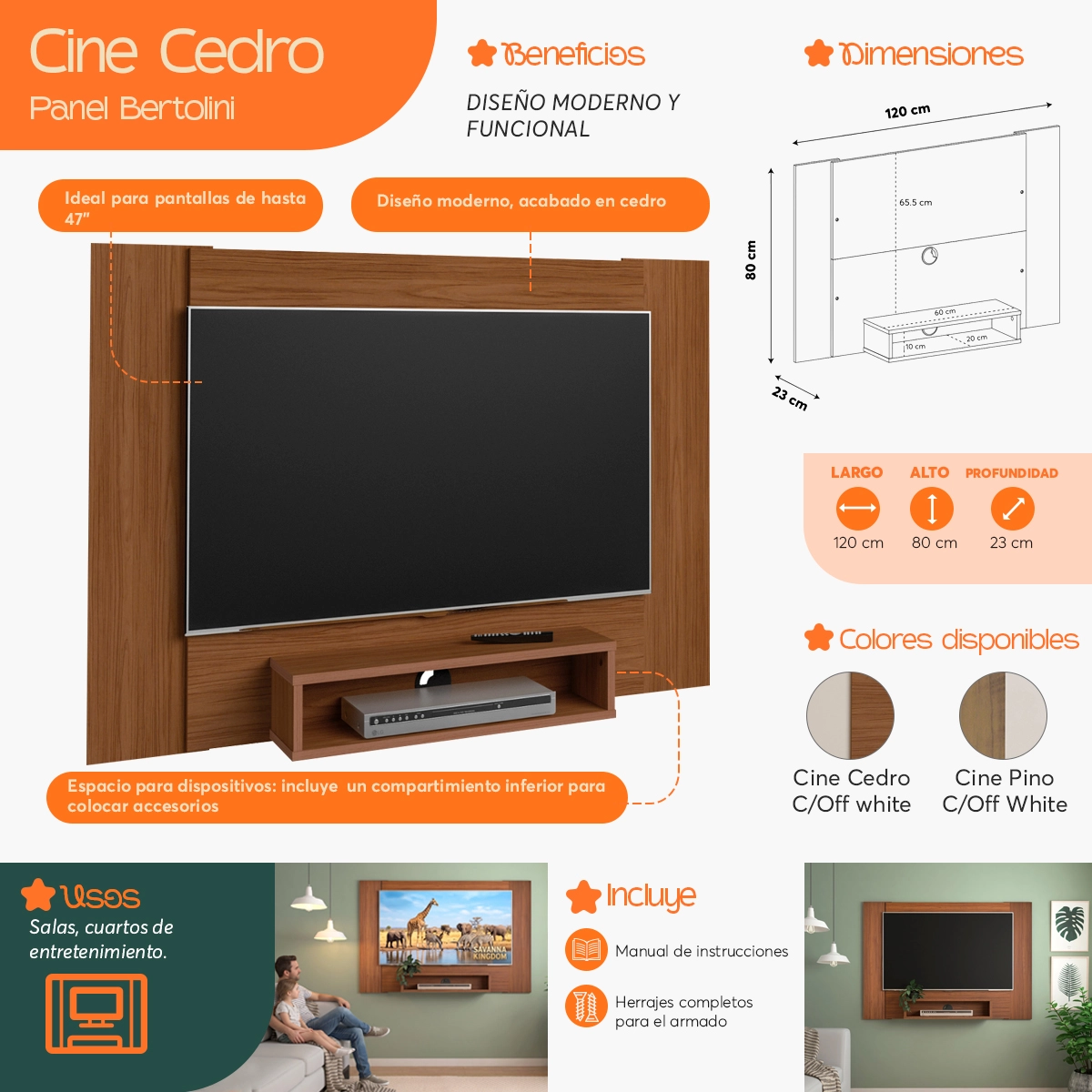Infografía  de beneficios y características del Panel para TV de Hasta 50 Pulgadas Cine Cedro
