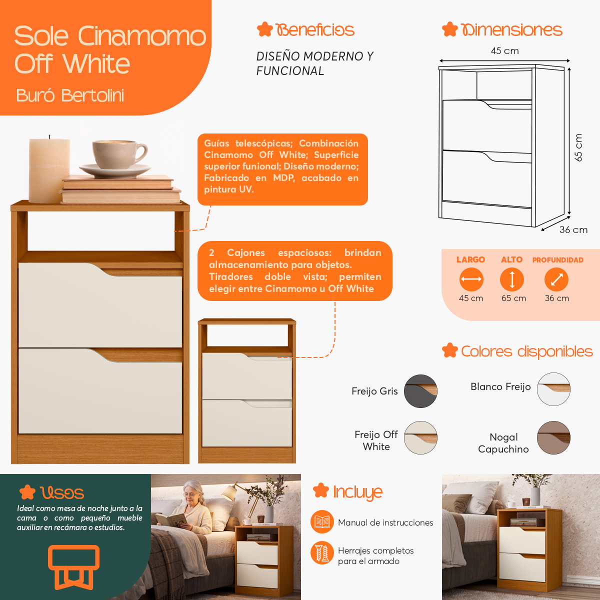 Infografía  de beneficios y características del Buró Mesa de Noche Moderna Bertolini Sole Cinamomo Off White