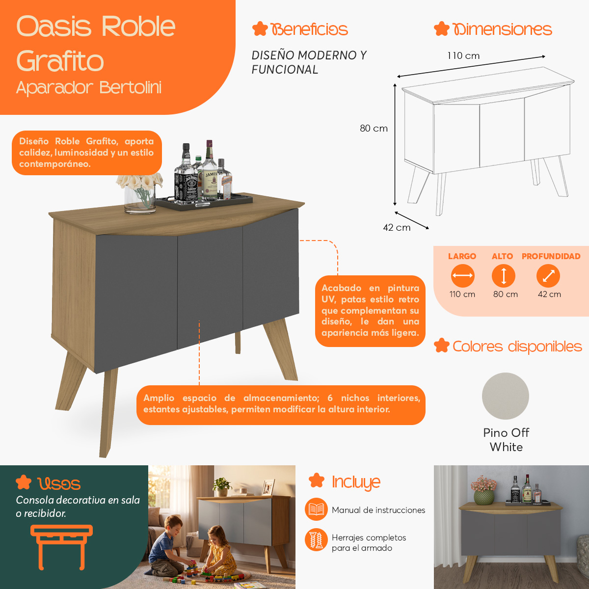 Infografía  de beneficios y características del Aparador Oasis Roble Grafito