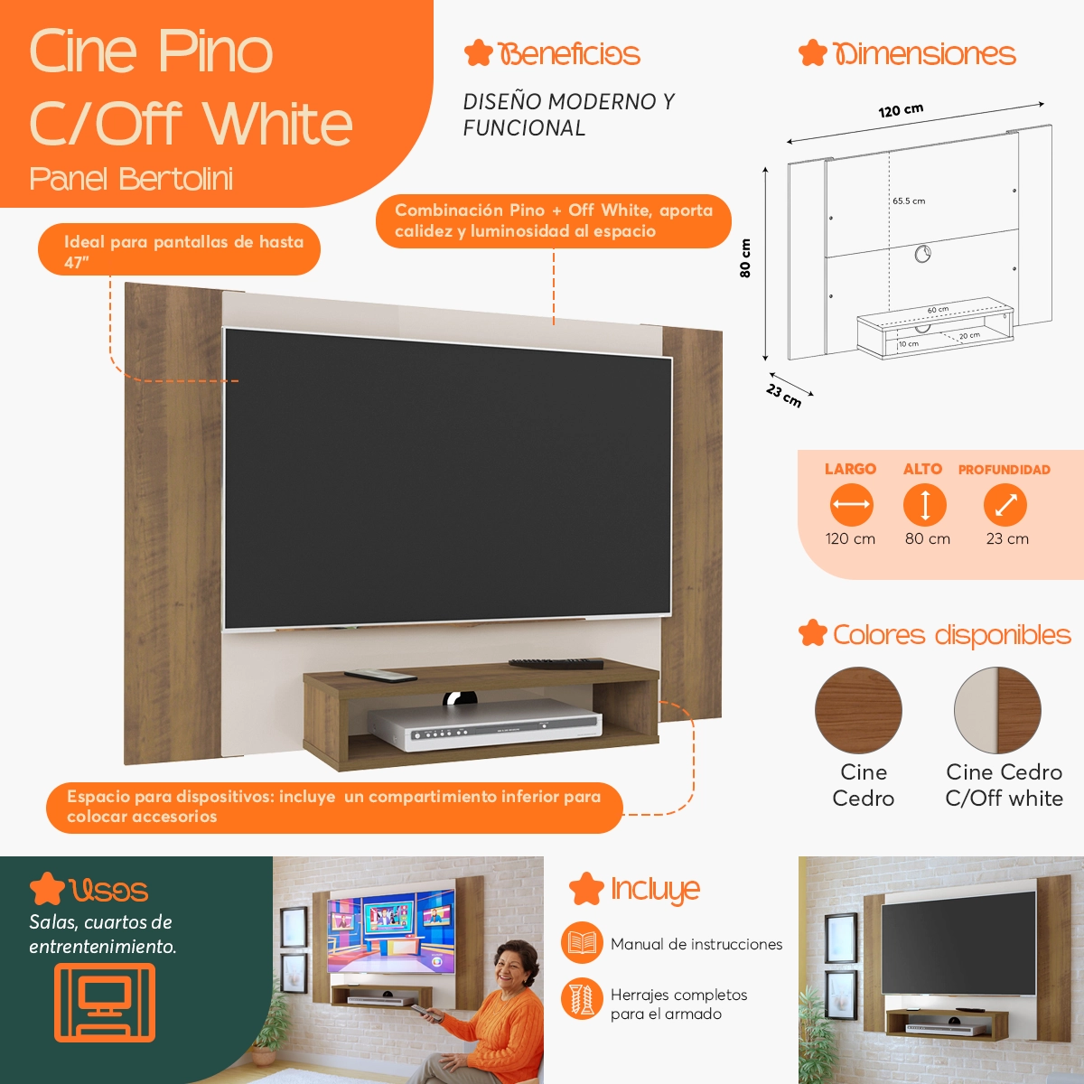 Infografía  de beneficios y características del Panel para TV de Hasta 50 Pulgadas Cine Pino con Off White