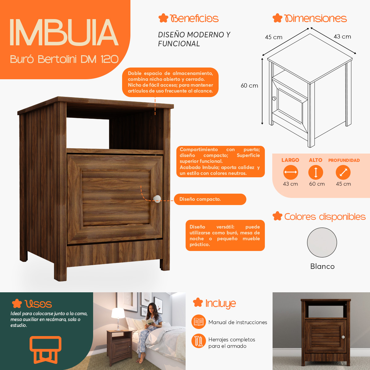 Infografía de beneficios y características del Buró Mesa de Noche Moderna Bertolini DM 120 Imbuia
