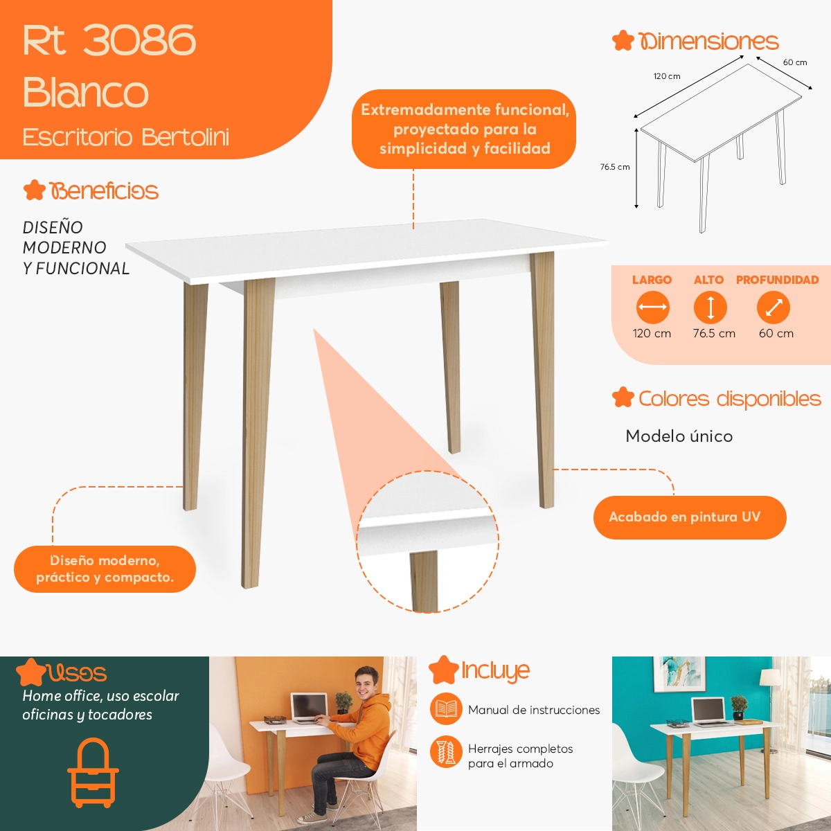 Infografía  de beneficios y características del Escritorio para Computadora RT 3086 Blanco