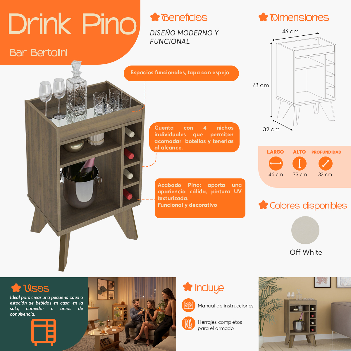 Infografía  de beneficios y características del Carrito Mini Bar Botellero Drink Pino