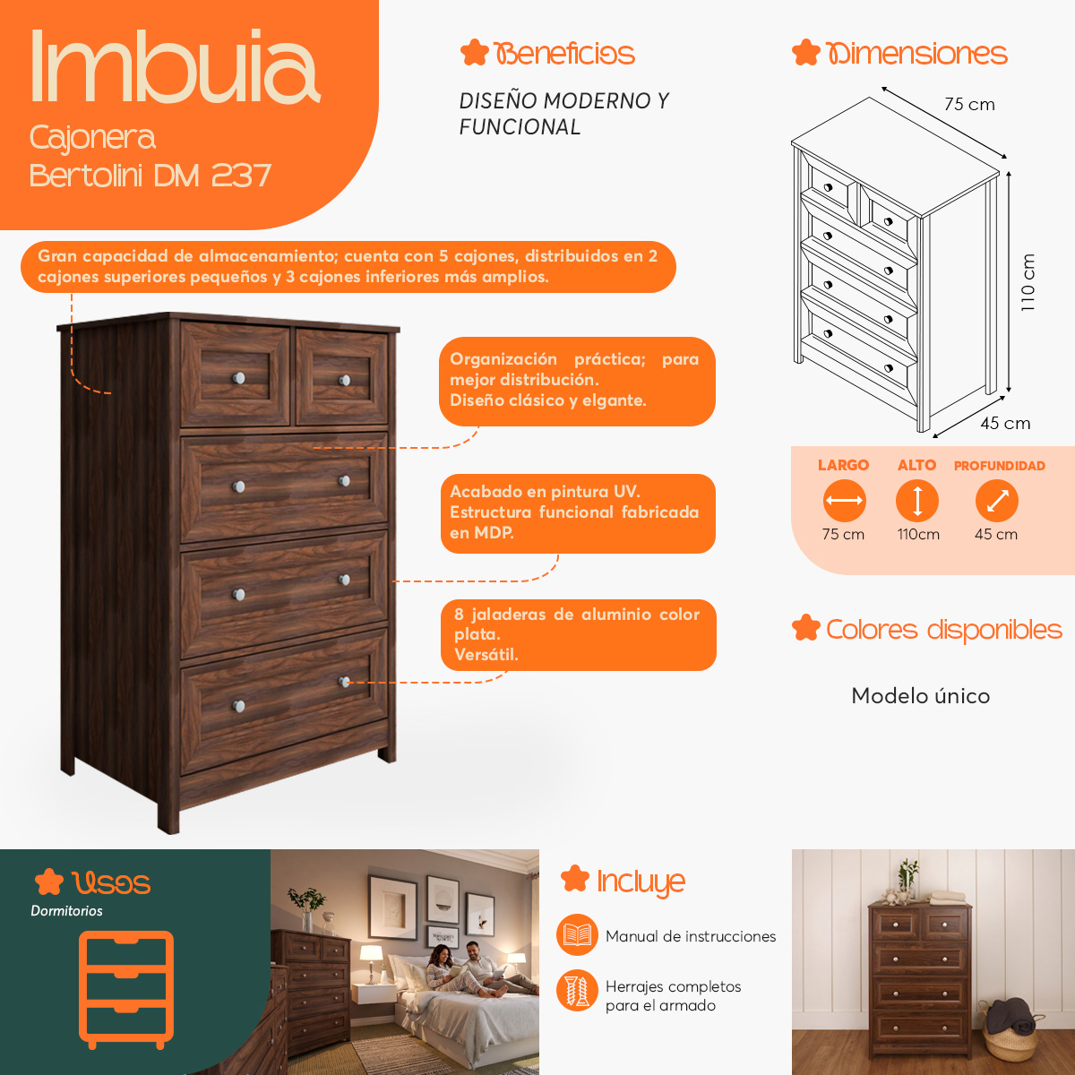 Infografía de beneficios y características de la Cómoda Cajonera Bertolini DM 237 Imbuia