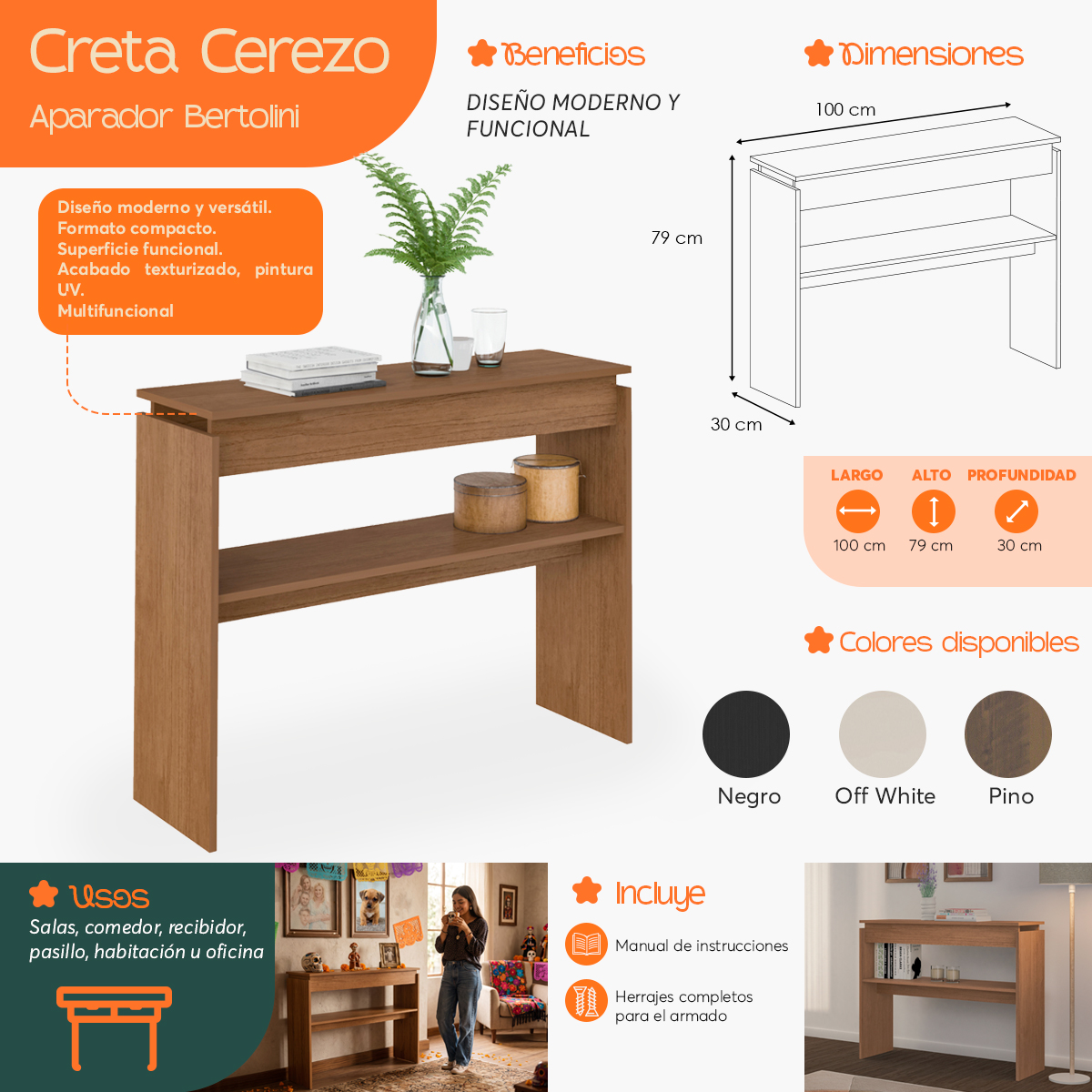 Infografía de beneficios y características del Aparador Creta Cerezo