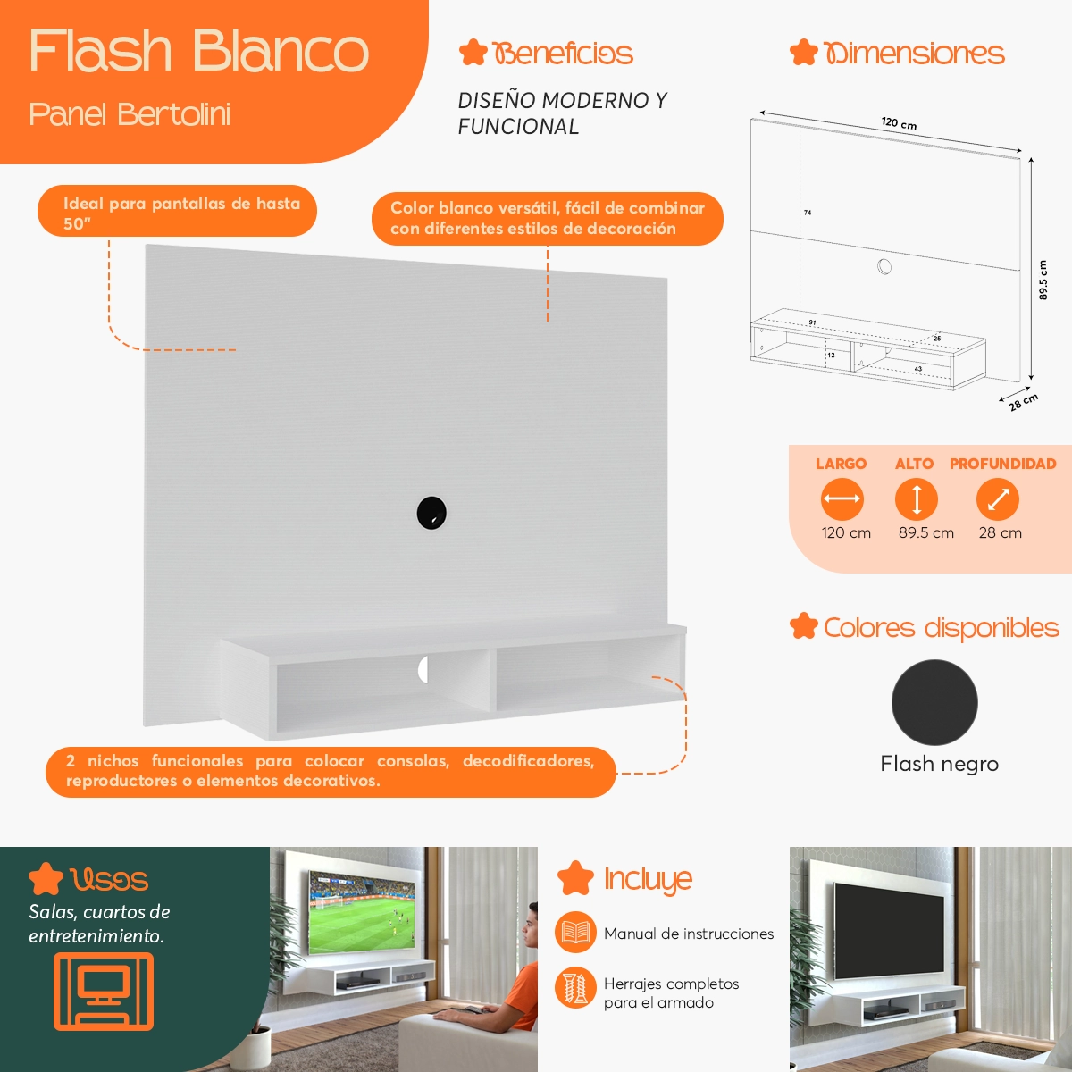Infografía  de beneficios y características del Panel para TV de Hasta 50 Pulgadas Flash color Blanco