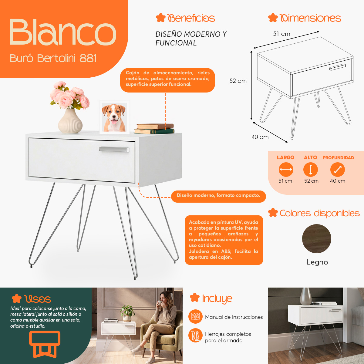 Infografía  de beneficios y características del Buró Mesa de Noche Moderna Bertolini 881 Blanco