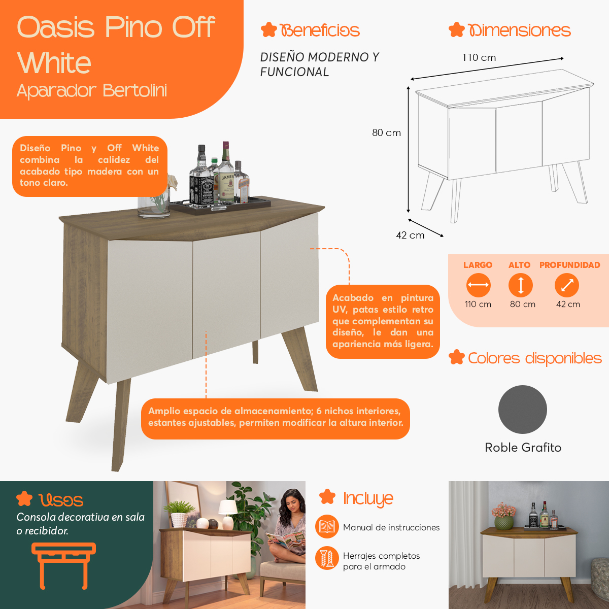 Infografía  de beneficios y características del Aparador Oasis Pino Off White