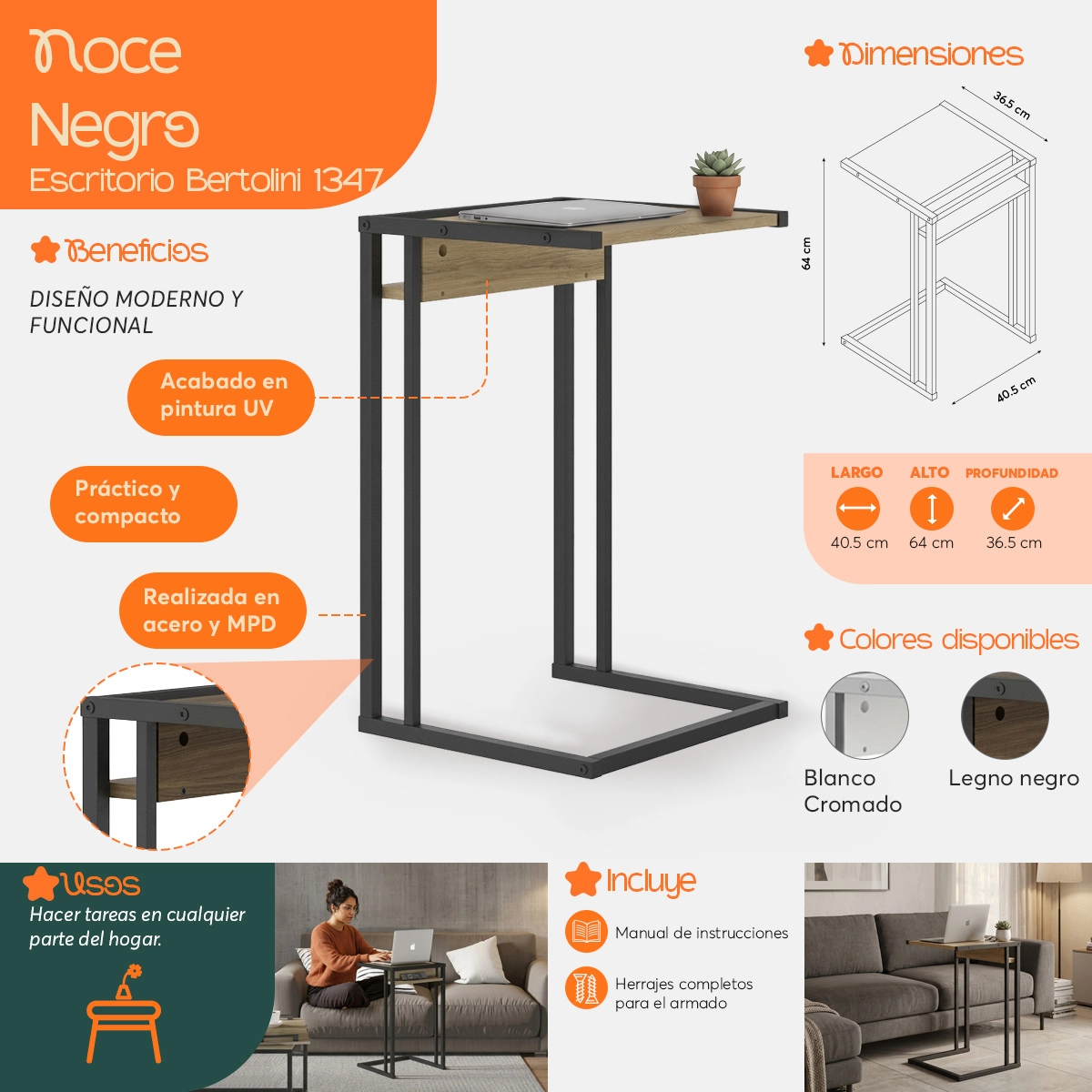 Infografía  de beneficios y características del Escritorio para Computadora Portatil 1347 Noce Negro