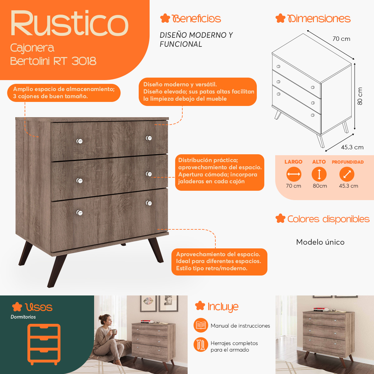 Infografía de beneficios y características de la Cómoda Cajonera Bertolini RT 3018 Rústico