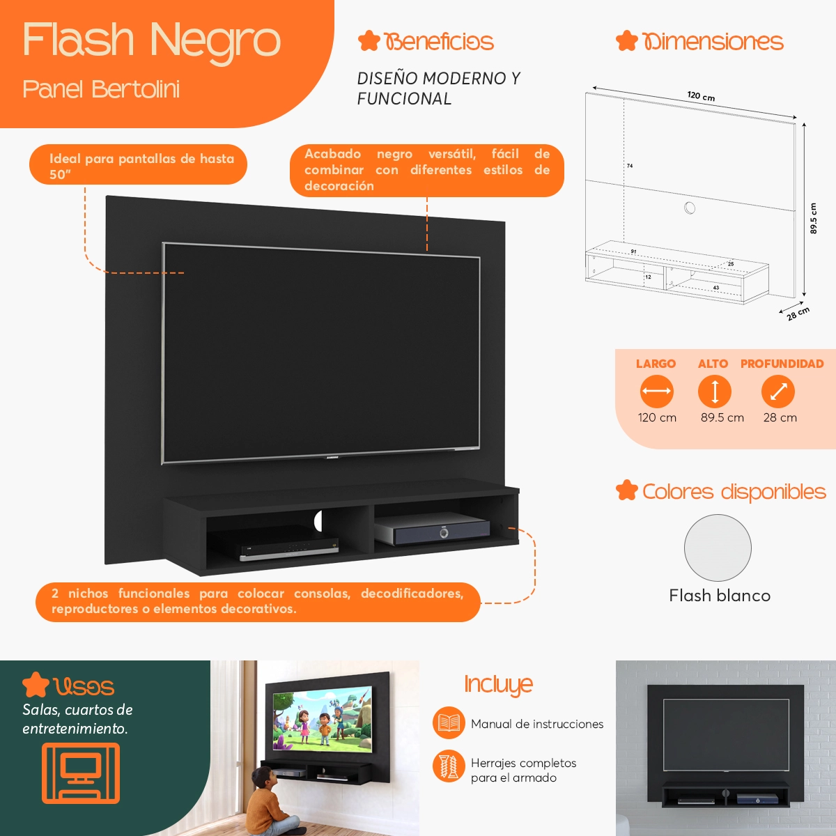 Infografía  de beneficios y características del Panel para TV de Hasta 50 Pulgadas Flash color Negro