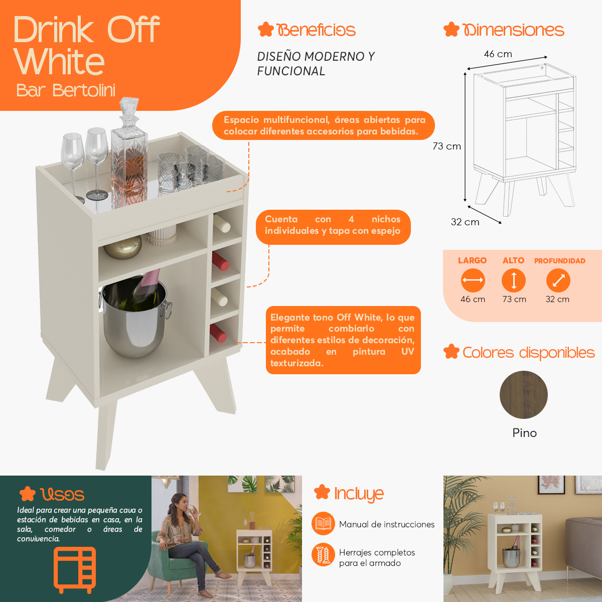 Infografía  de beneficios y características del Carrito Mini Bar Botellero Drink Off White