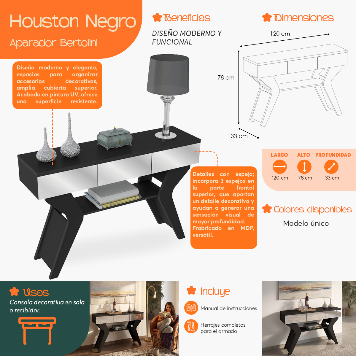 Infografía  de beneficios y características del Aparador Houston Negro