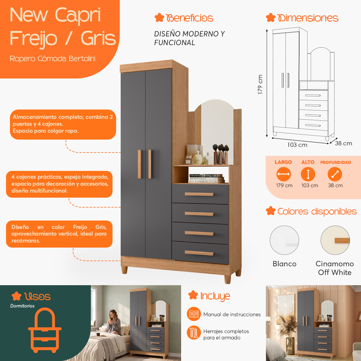 Infografía de beneficios, dimensiones y colores de la Cómoda New Capri Freijo Gris