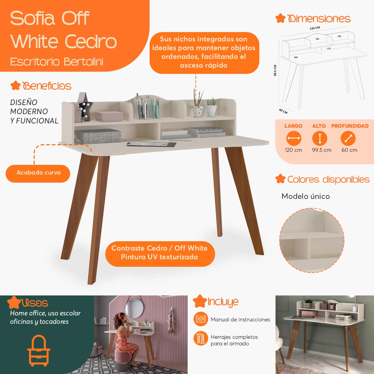 Infografía de beneficios y características del Tocador Vanity Sofia Off White Cedro