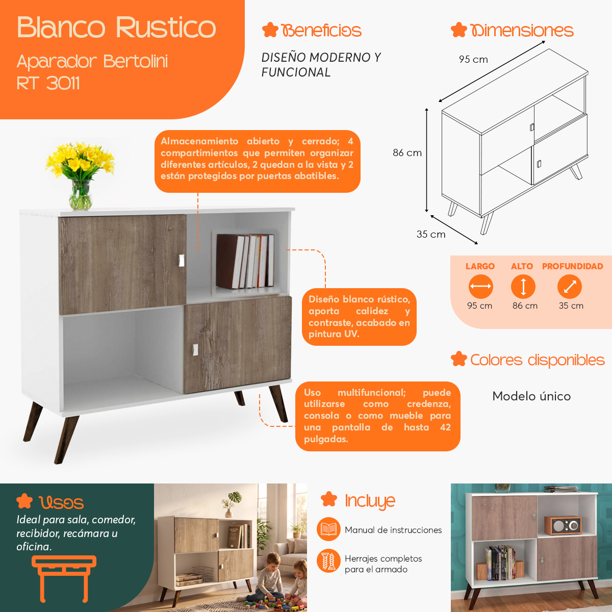 Infografía  de beneficios y características del Aparador RT 3011 Rústico Blanco