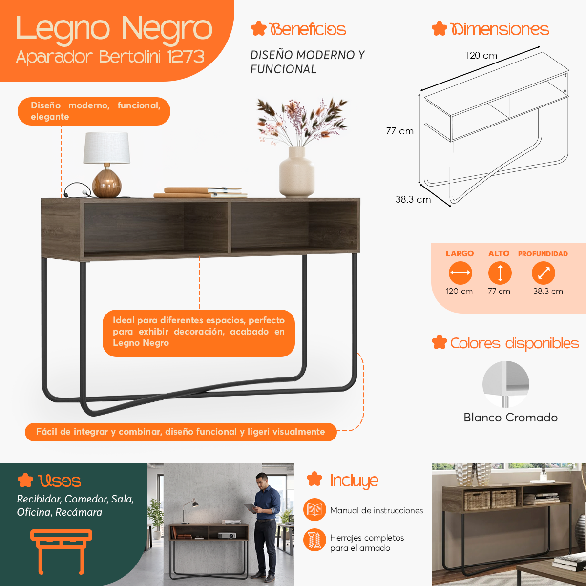 Infografía  de beneficios y características del Aparador 1273 Legno Negro