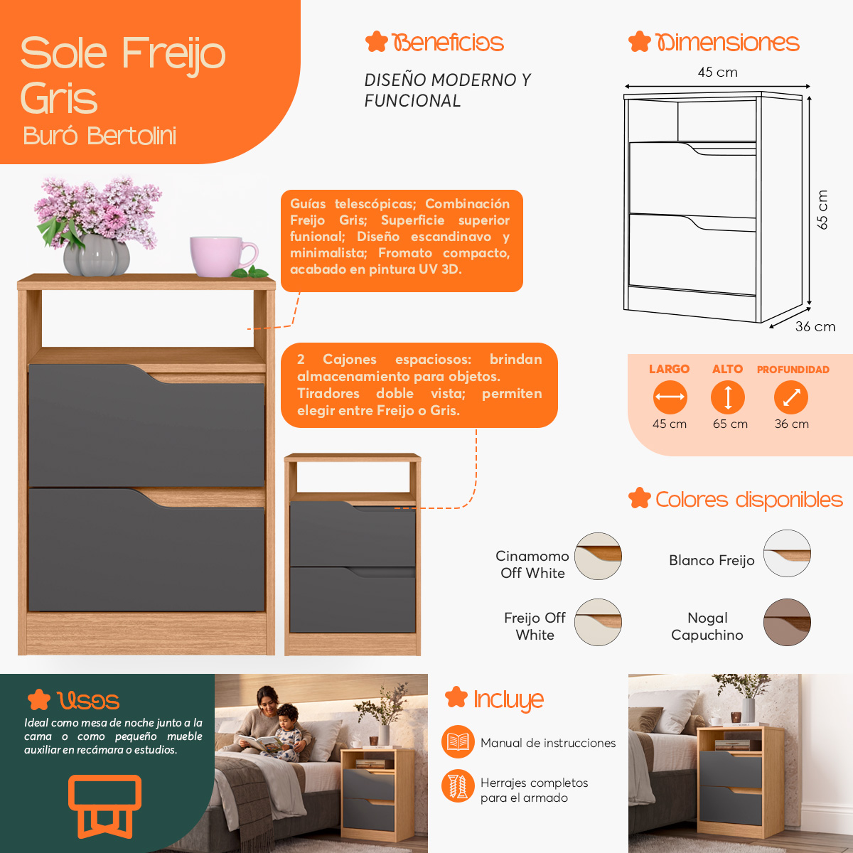 Infografía  de beneficios y características del Buró Mesa de Noche Moderna Bertolini Sole Freijo Gris