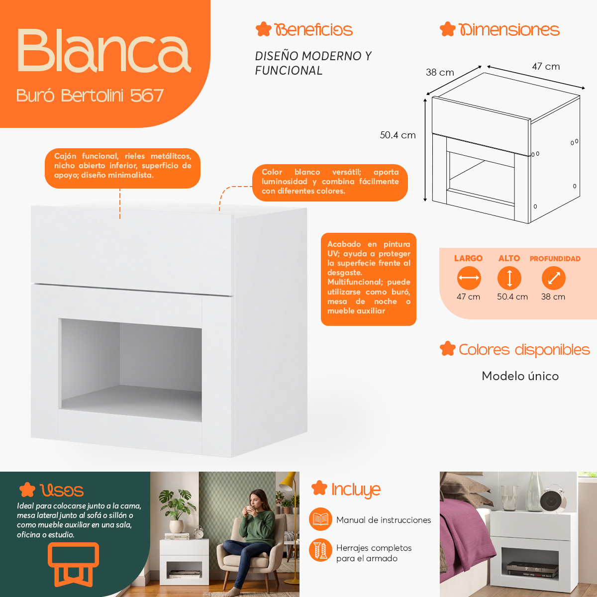 Infografía  de beneficios y características del Buró Mesa de Noche Moderna Bertolini 567 Blanco