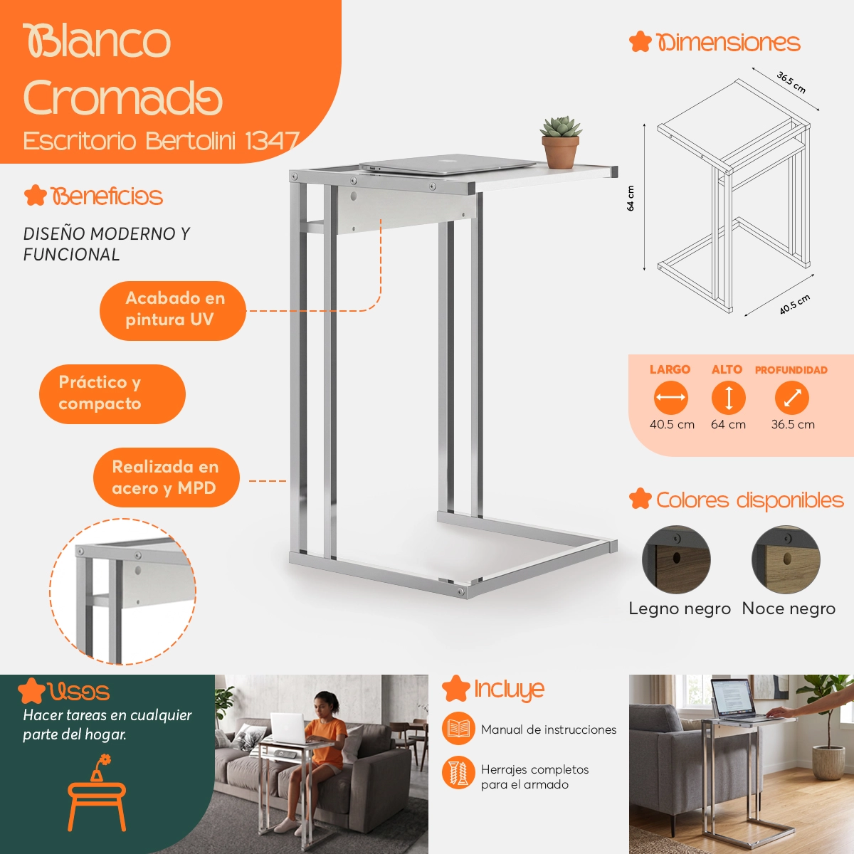 Infografía  de beneficios y características del Escritorio para Computadora Portatil 1347 Blanco Cromado