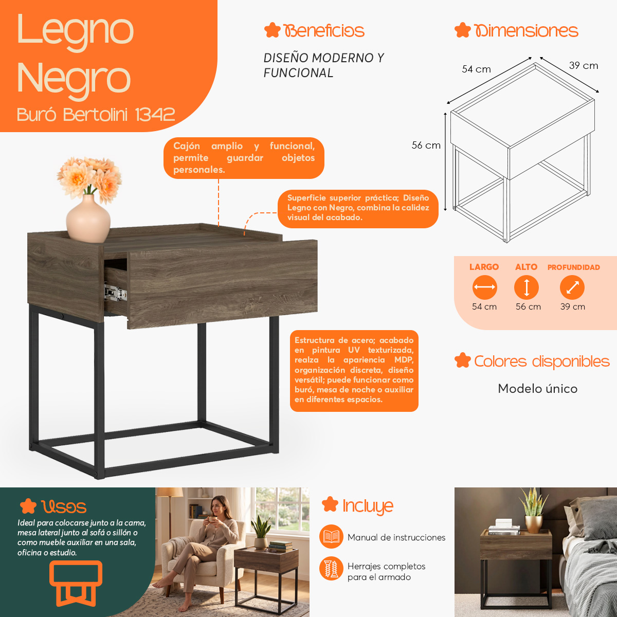 Infografía  de beneficios y características del Buró Mesa de Noche Moderna Bertolini 1342 Legno Negro