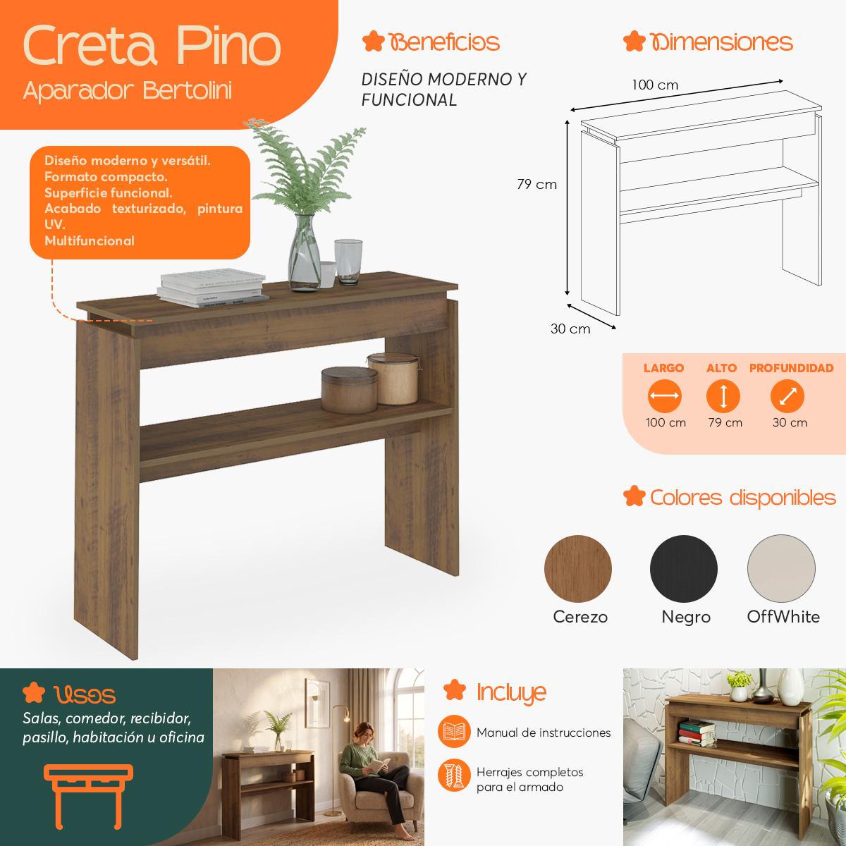 Infografía  de beneficios y características del Aparador Creta Pino
