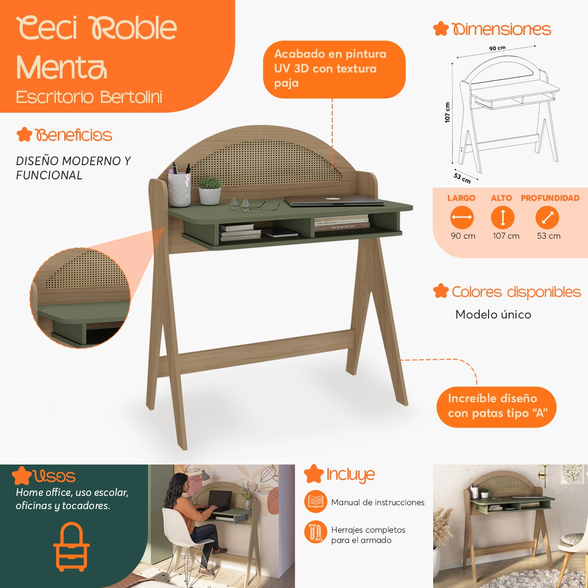 Infografía del Tocador Vanity Bertolini Ceci Roble Menta: medidas, materiales y características