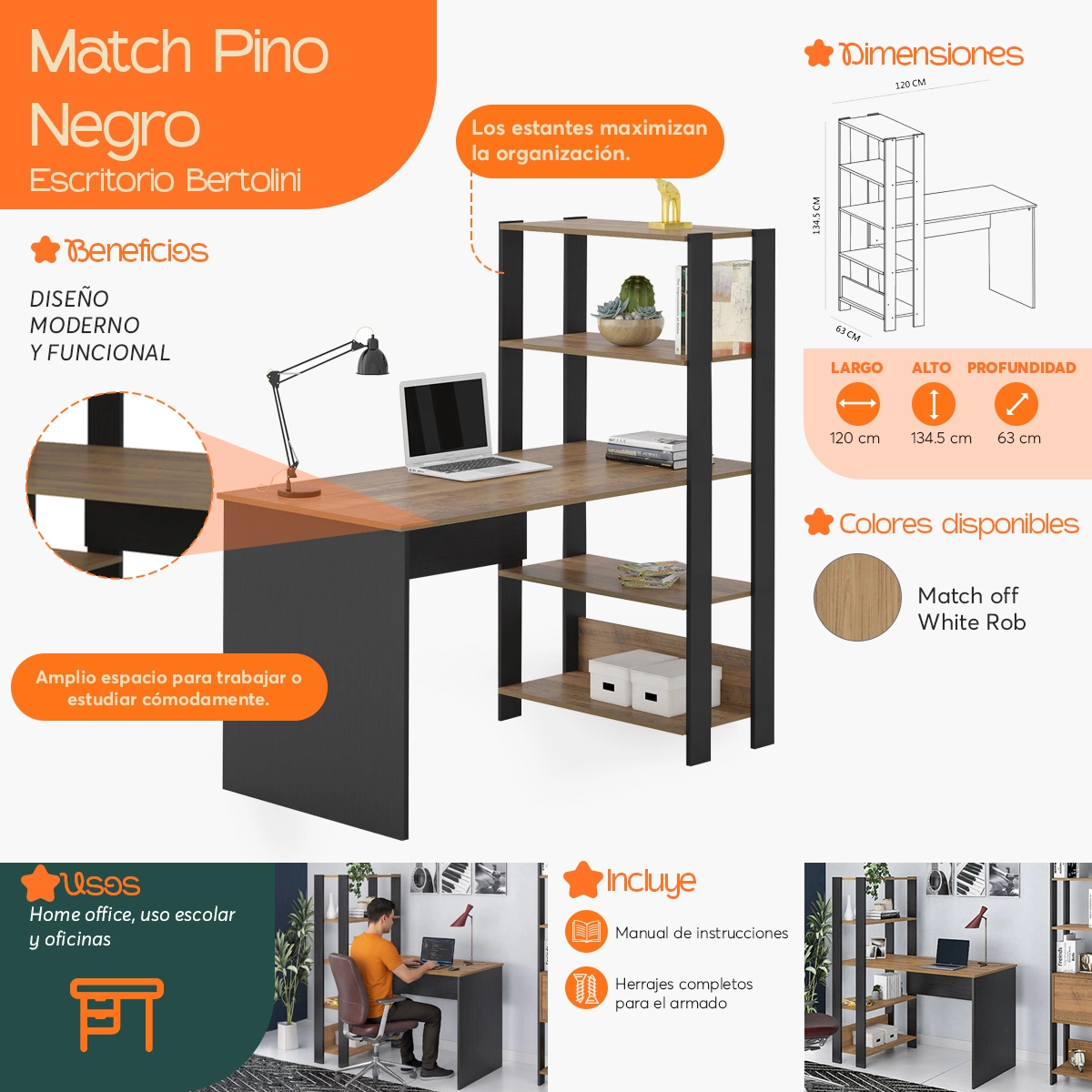 Infografía  de beneficios y características del Escritorio para Computadora Match Pino Negro