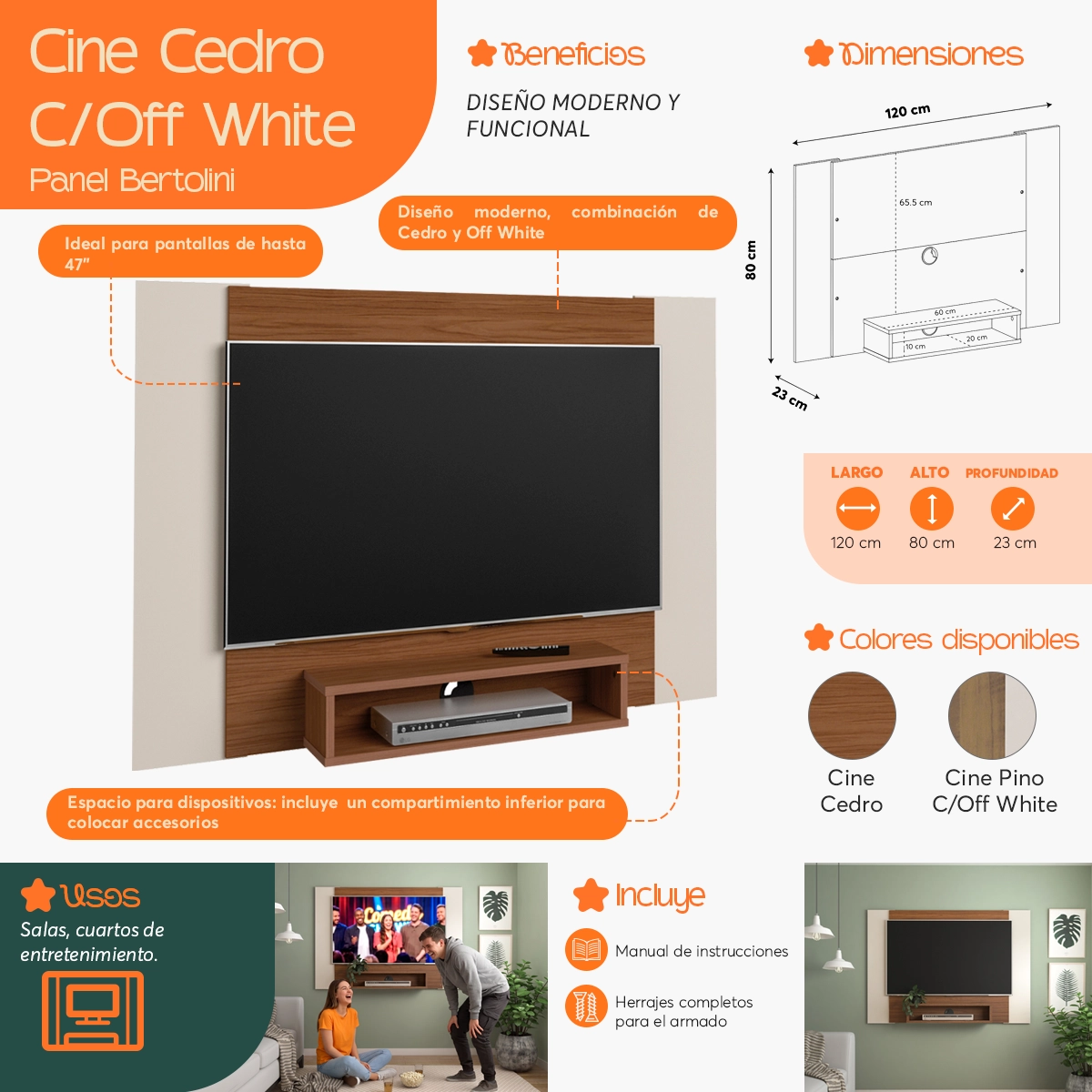 Infografía  de beneficios y características del Panel para TV de Hasta 50 Pulgadas Cine Cedro con Off White