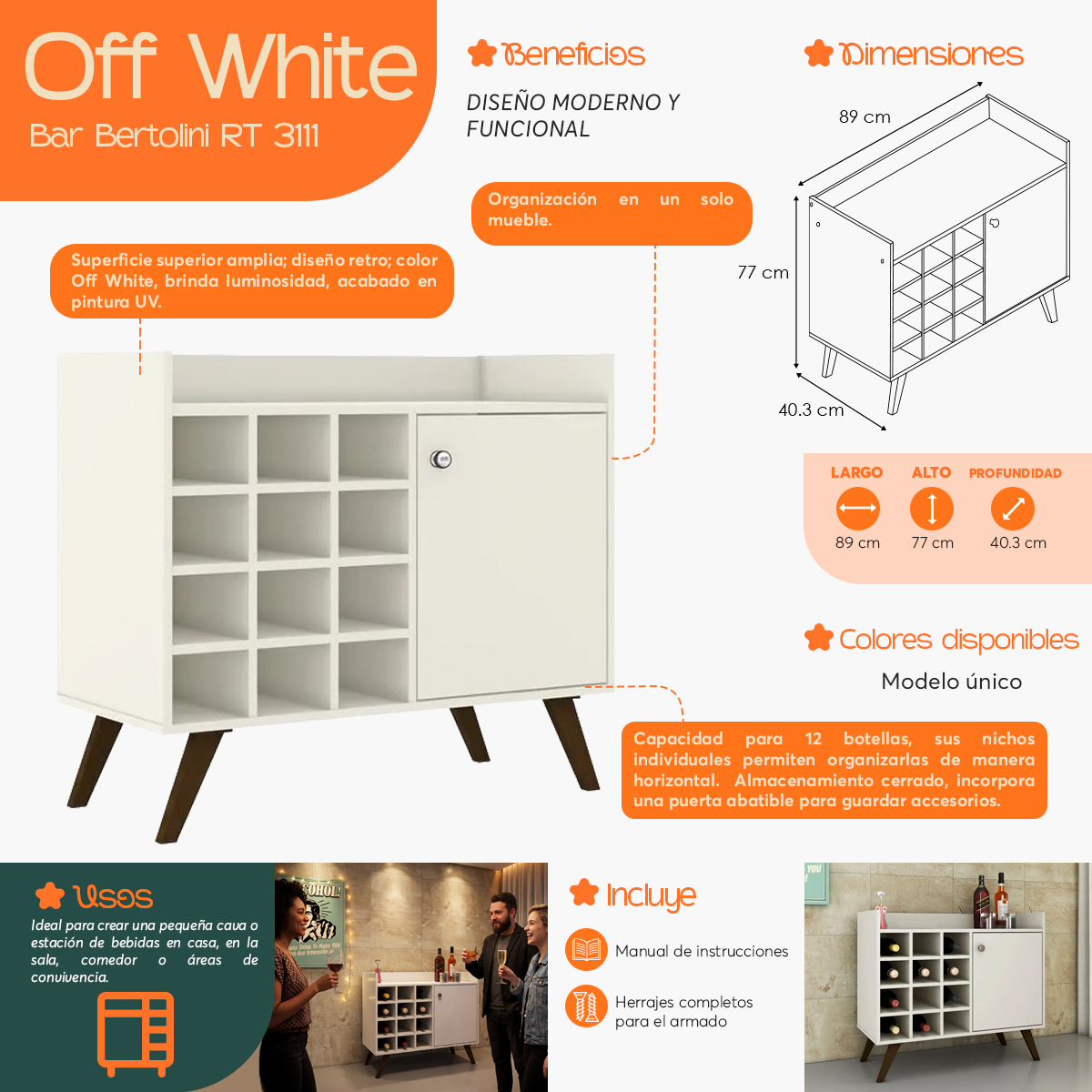 Infografía  de beneficios y características del Carrito Mini Bar Botellero RT 3111 Off White