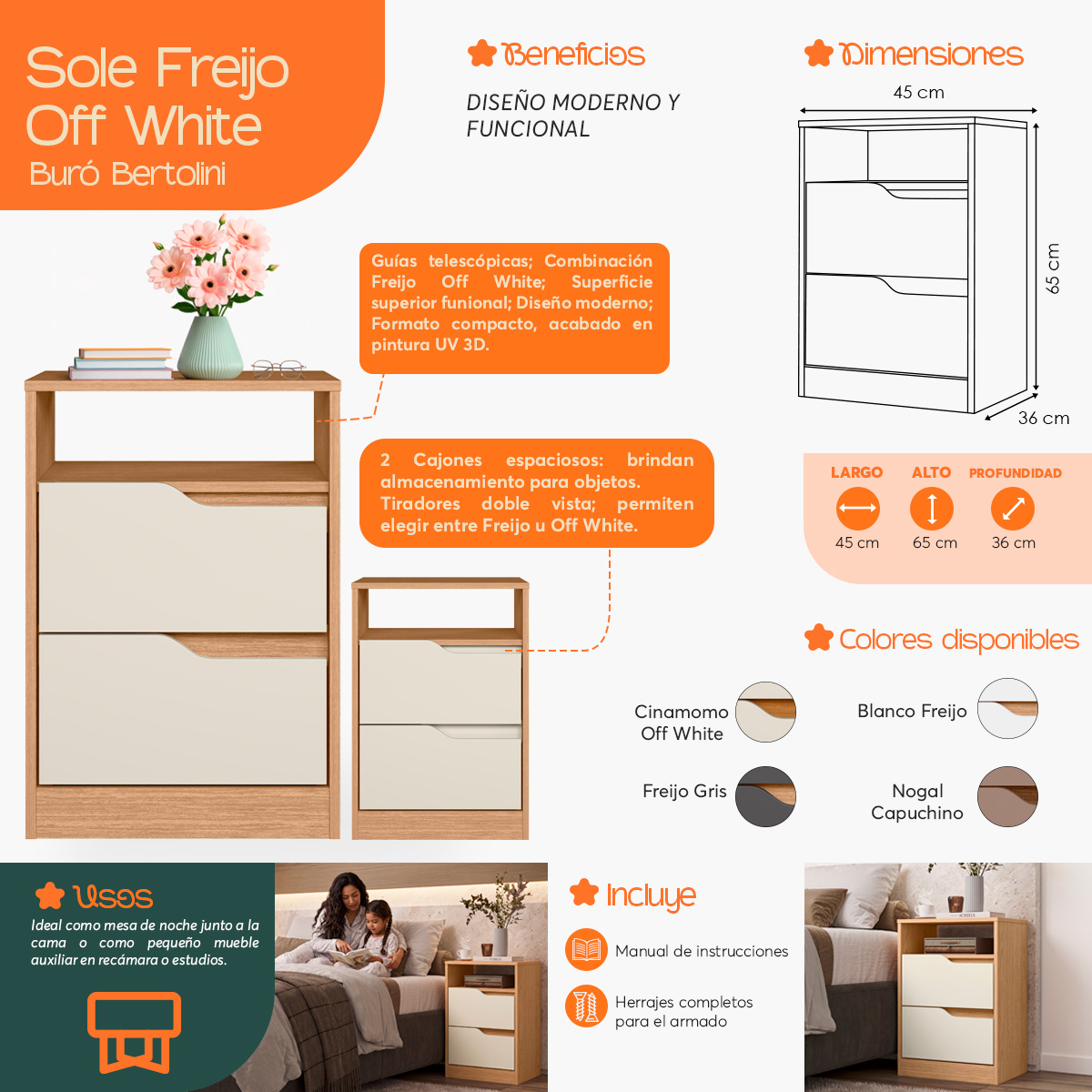 Infografía  de beneficios y características del Buró Mesa de Noche Moderna Bertolini Sole Freijo Off White