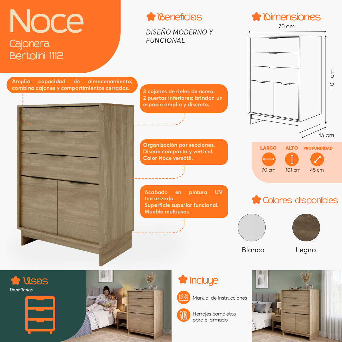 Infografía de beneficios y características de la Cómoda Cajonera Bertolini 1112 Noce