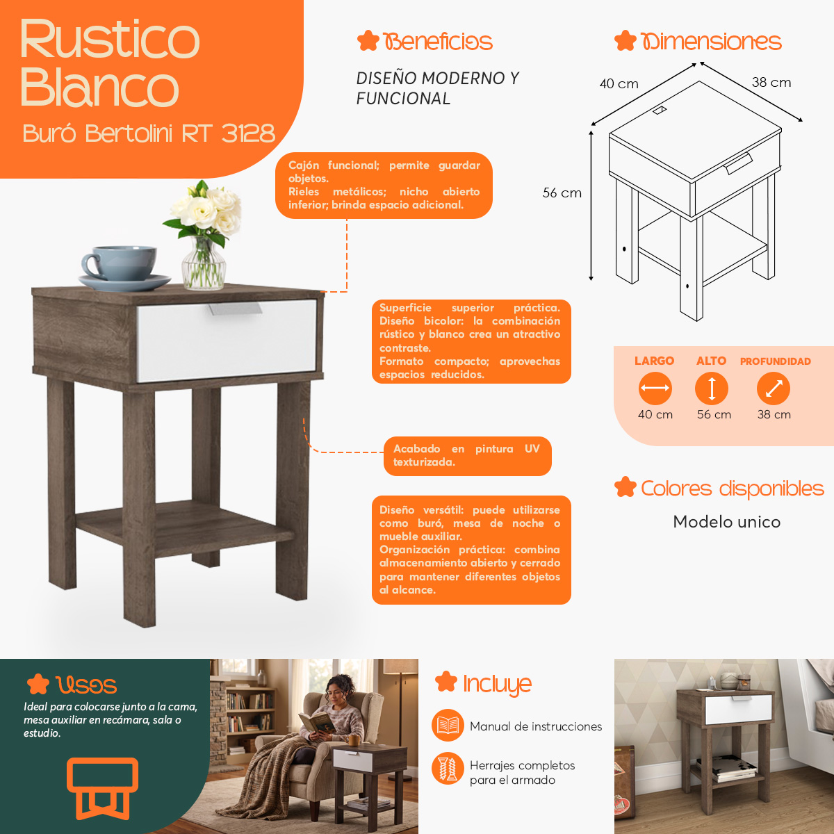 Infografía  de beneficios y características del Buró Mesa de Noche Moderna Bertolini RT 3128 Rústico Blanco