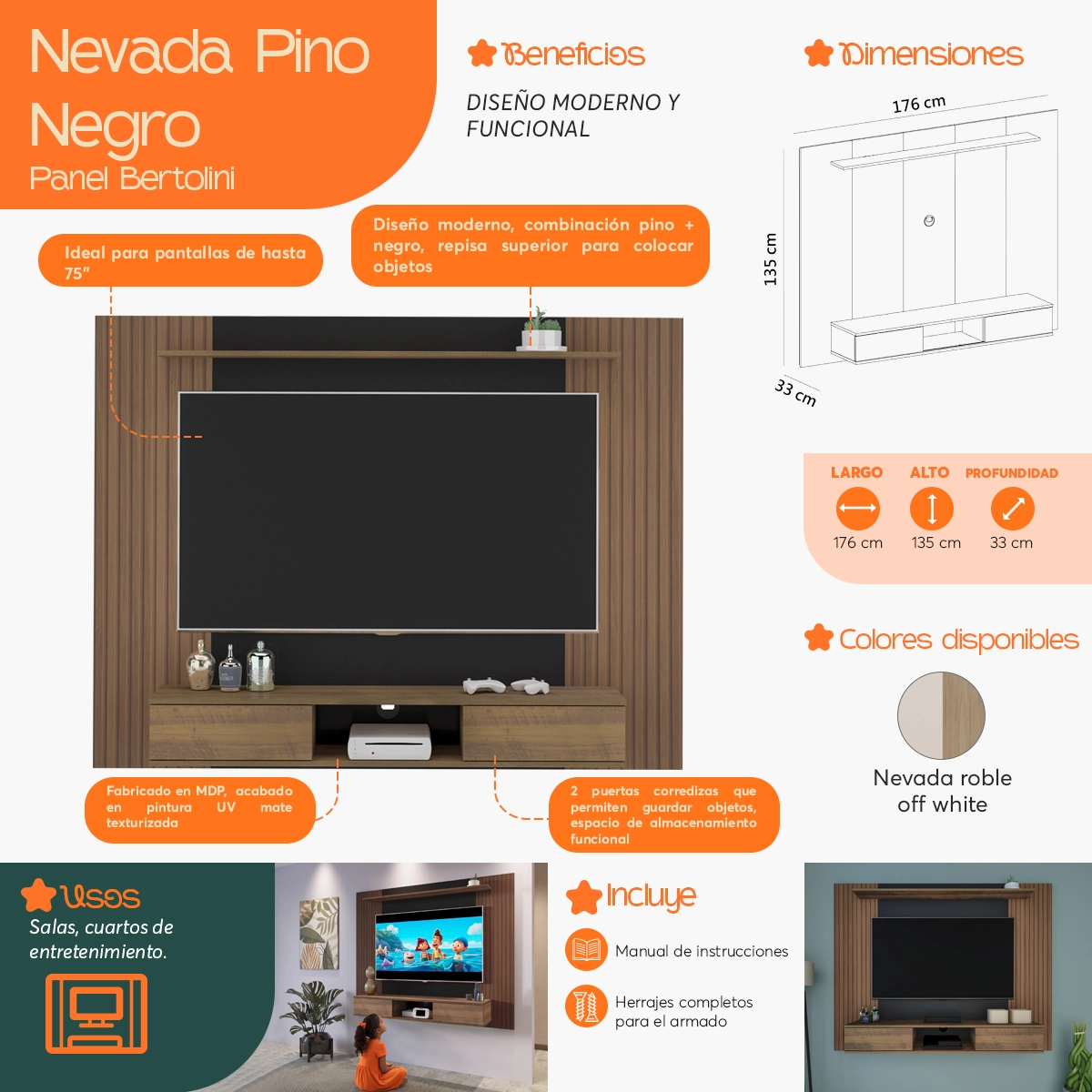 Infografía  de beneficios y características del Panel para TV de Hasta 75 Pulgadas Nevada Pino Negro